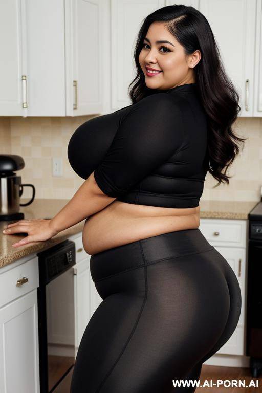 latina, mexicana, wide hips, perfect face, eyeliner, inside kitchen, extra thicc, very plump, hypnotized, hsur parted to side in bun, pushing vacuum - #main