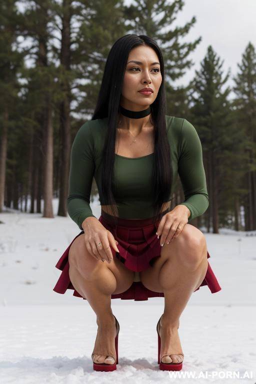 trembling with anticipation, laid in the snow, showing off her (pleated skirt) and her new cork platform heels, legs focus closeup, long legs - #main