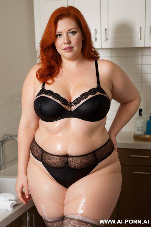half-length photo, as a setting in the laundry area, a fat chubby fat thick and bbw redhead british, she is washing clothes and is soaked in foamy water. she has lovehandless and a soft - #main