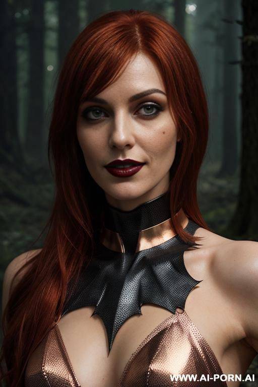 confident lady vampire, vampire teeth, seductive wide smile, deep forests old ruins, (hypnotic glow art), magic silver eyes, naked shoulders, ashen skin, high contrast shades, golden hours hard - #main