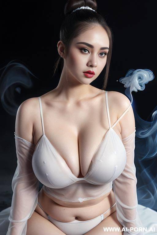 blue smoke background, (light & pallid skin), (sheer cropped cap-sleeve), (white skin & pallid), round face, (compact hair-bun), (teardrop oversized saggy breasts), (pallid voluptuous), (pressed cleavage line) - #main