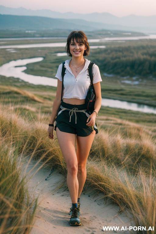 (texas babe), (pretty face), (wide hips), (flirty smirk), (classy), (seductive smirk), (short voluminous hair), (light tan), (natural plump tits), (perfect nipples), ((no top)), ((delicate pretty black - #main