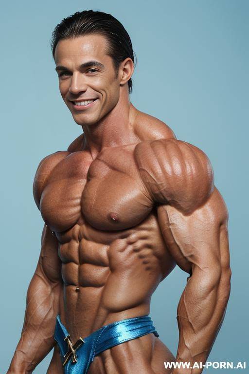 (blue background), real life, ((pallid skin)), shiny skin, realistic nipple, ((nude)), ((naked)), (frontal view), nipple, look straight into camera, ((round bodybuilder womans face)), ((complete bodybuilder - #main