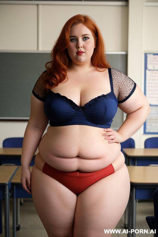 half body photo shot, about at classroom, so chubby and ((very obese)) bbw curvy teacher, wearing a sexy and hot micro red ruffle microskirt and elegant micro garter belt top, speaking to the classroom. - #main
