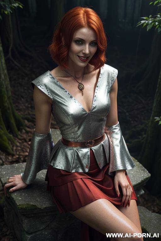 confident lady vampire, scary badass, vampire teeth, seductive wide smile smirk, deep forests old ruins, (hypnotic glow art, uv reactive), magic silver eyes, sleeveless, natural ashen skin, high - #main