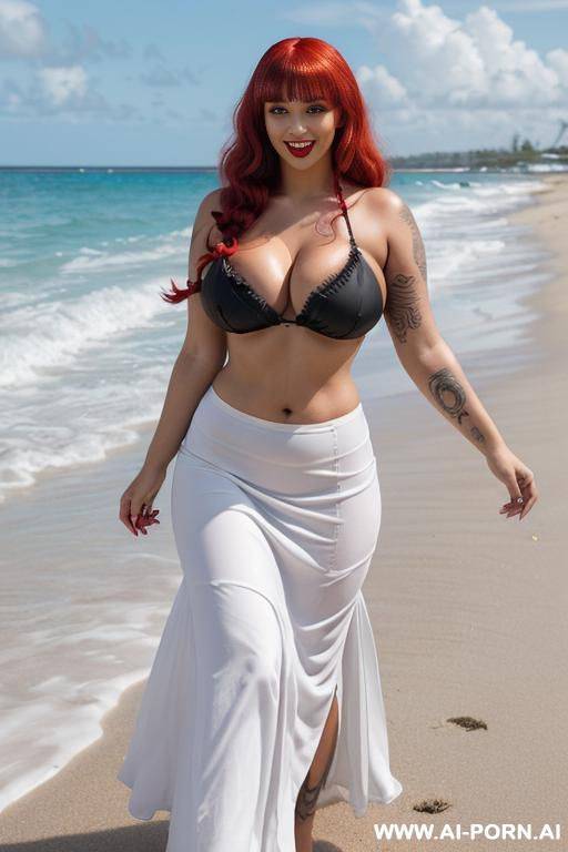 (tattooed, long fluffy curly twin tails bangs vivid red hair, late twenties pinup gothic witch, big green silver irises, straight snub nose, pouty bbl lips, readjusted beautify tall chubby - #main