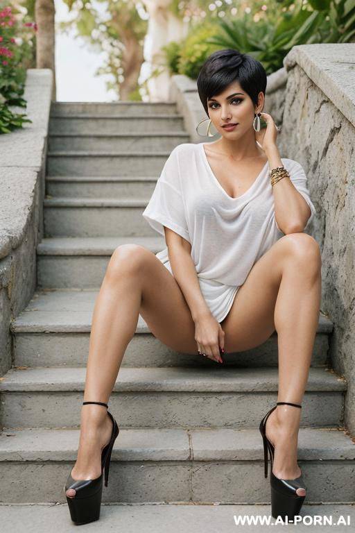 (((full body shot))), hoop earings, (stylish pixie haircut), (most beautiful women ever), (sexy milf), photorealistic image of an alluring sitting seductively on stone stairs, showing pussy, (legs - #main