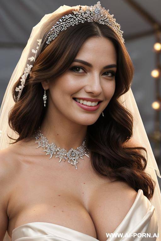 ((topless)), (seductive eye contact), (slight smile), (full voluminous hair), (necklaces), (wide hips), (amazing thighs), (nude), (perfect model face), (slutty smirk), (natural plump tits), (topless dress) - #main