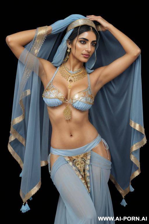 dark-skinned middle eastern woman. wearing a light blue, flowing, loose-fitting middle eastern dance costume. a light blue face veil is partially covering her face. a light blue, form-fitting - #main