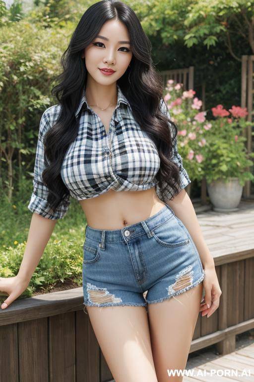 beautiful, realistic, chinese, 30, slight cheekbones, wavy flowing hair, black hair, athletic body, natural boobs, slight smile, makeup, blusher, standing, spreading legs, jean shorts, plaid shirt, garden background. - #main