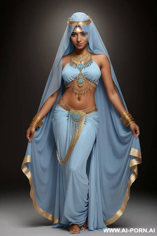 dark-skinned middle eastern woman. wearing a light blue, flowing, loose-fitting middle eastern dance costume. a light blue face veil is partially covering her face. a light blue, form-fitting - #main