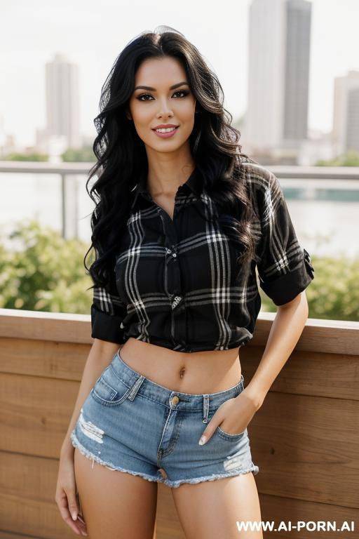 beautiful, realistic, brazilian, 30, slight cheekbones, flowing wavy hair, black hair, athletic body, slight smile, makeup, eye shw, standing, spreading legs, jean shorts, plaid shirt, patio background. - #main
