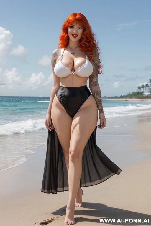 (tattooed, twin tails long fluffy curly bangs vivid ginger hair, late twenties american pinup goth witch mom, captivating green silver irises, straight snub nose, pouty bbl lips, tall lean-built - #main