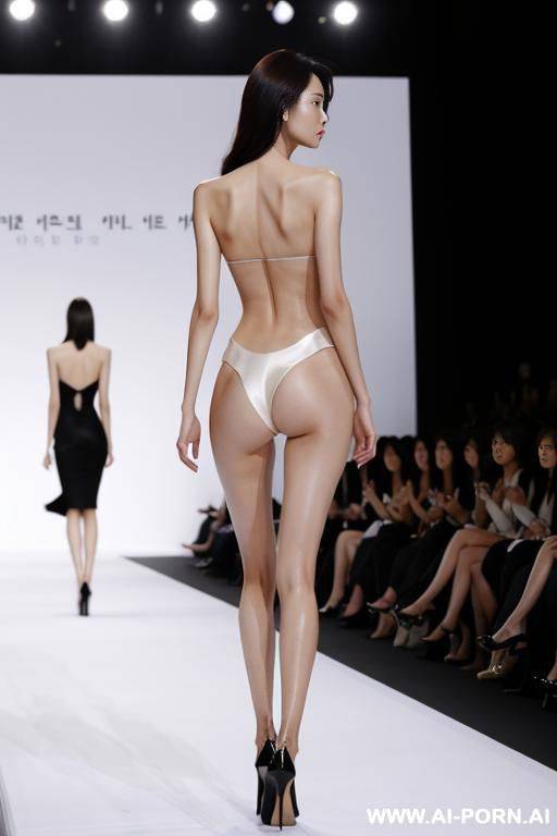 a south korean female supermodel, tall and slender, facing away from the camera, wearing no clothes except for high heels, posing elegantly on a fashion show runway, showcasing her graceful back lines and long beautiful legs. - #main
