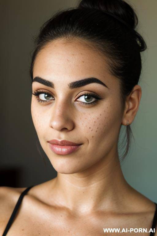 freckled, thick eyebrow, green eye, messy bun, middle eastern, closeup, seductive smirk, - #main