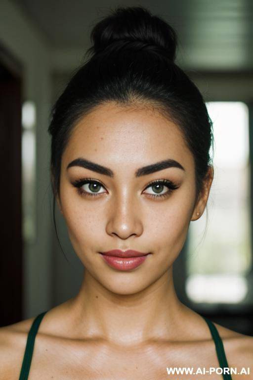 freckled, thick eyebrow, green eye, messy bun, malaysian, closeup, seductive smirk - #main