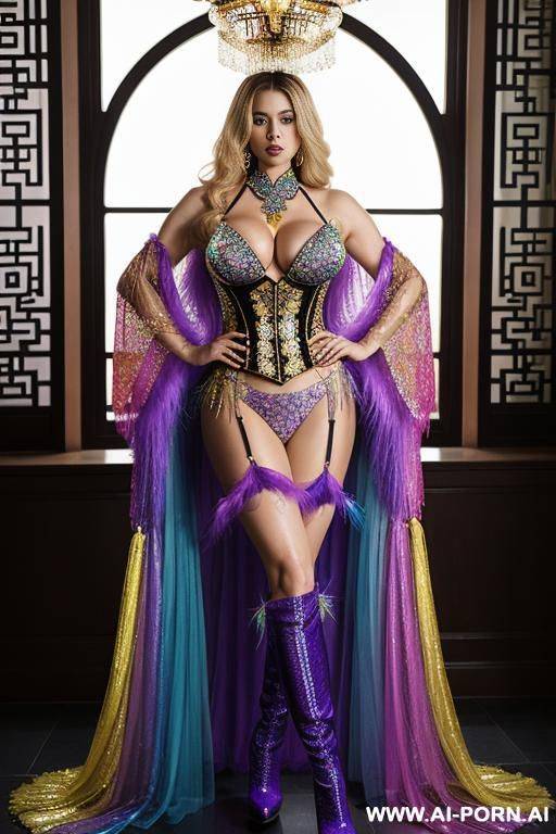 chinese, rainbow feather studed bright sequin transparent corset，feather tutu skirt， mesh robe， rainbow sequin bra ,rainbow sequing-thong，necklace，rainbow large pointed thigh-high boots，royal lingerie, royal - #main