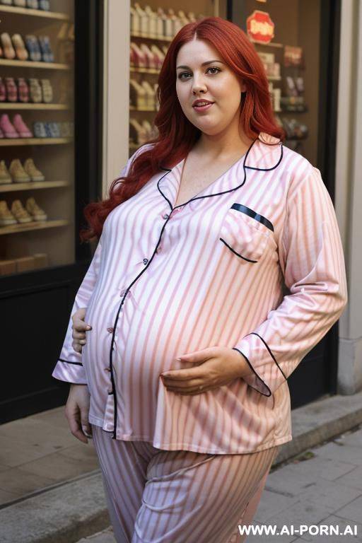 ((super fat bbw obese big bloated huge pregnant belly)), in strip pink pajamas, thick thighs, big belly, button show, flash belly, - #main