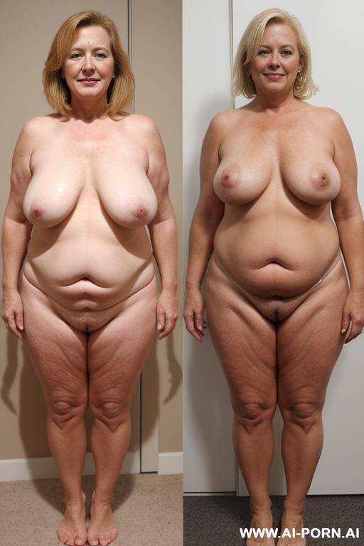 short, blonde, fat, fully nacked, open legs, cellulite, same woman, before and after picture, (((much w gain))) - #main