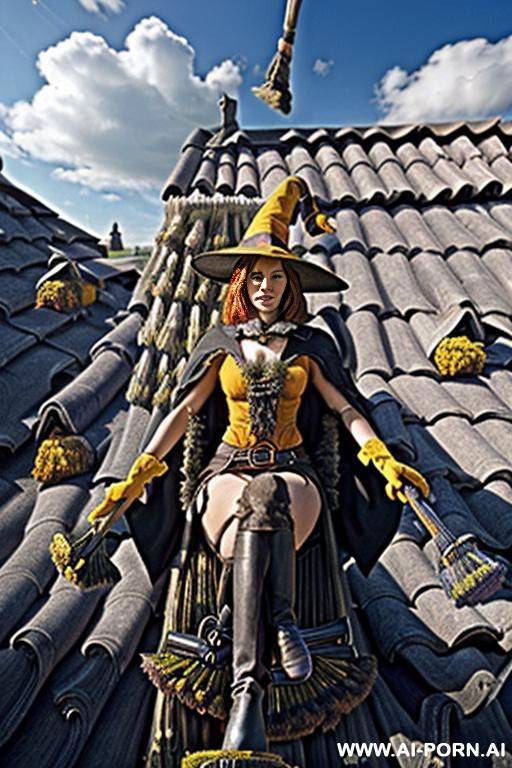 realistic photo, best quality, highly detailed, summer, clouds in the background, (((((woman rides on a witch broom))))), (((((the broomstick long clamped in the crotch))))), the wet cunt pressed - #main
