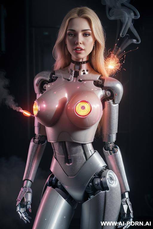 damaged sexbot, front view, full body view, standing upright inside sexbot lab, looking at viewer, scared face, beautiful, long straight blonde hair, big lips, wide jaw, heavy makeup, hoop - #main
