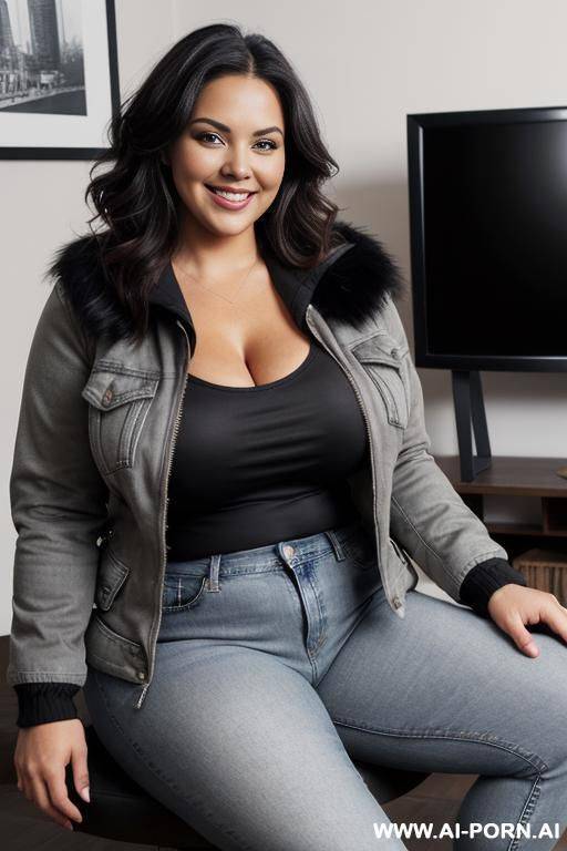 chubby woman, full body, sitting, smiling, triangular hips, thick thighs, full and ample breasts, large natural breasts, wearing black t-shirt, jeans, jacket with fur on the hood, gray jacket with zipper, living room in front of the television - #main
