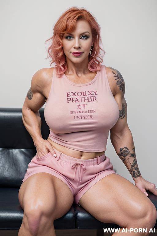 short ginger curly hair bun, stunningly beautiful irish older woman, (voluptuous big lips), starring directly into the camera, eye contact, large eyes, ((slight smile, seductive smirk)), (((pink - #main