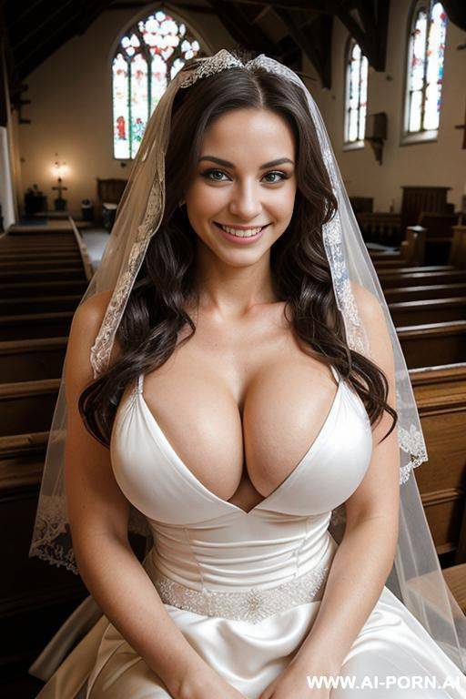 short, toned, 20 year old, gymnast, smiling, (((massive breasts))), long wavy hair, sitting in a church wearing a wedding dress and veil, showing cleavage - #main