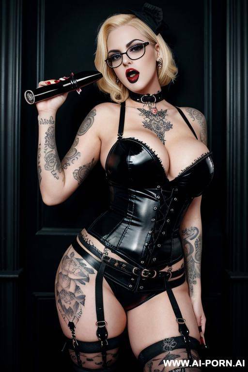 curvy blonde tattooed, wearing strap on dildo round glasses, tattoo on thigh, open mouth - #main