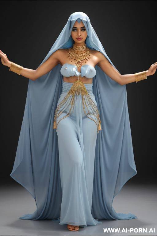 dark-skinned middle eastern woman. wearing a light blue, flowing, loose-fitting middle eastern dance costume. a light blue face veil is partially covering her face. a light blue, topless. gold-toned, ornate elry accents her upper arms. - #main