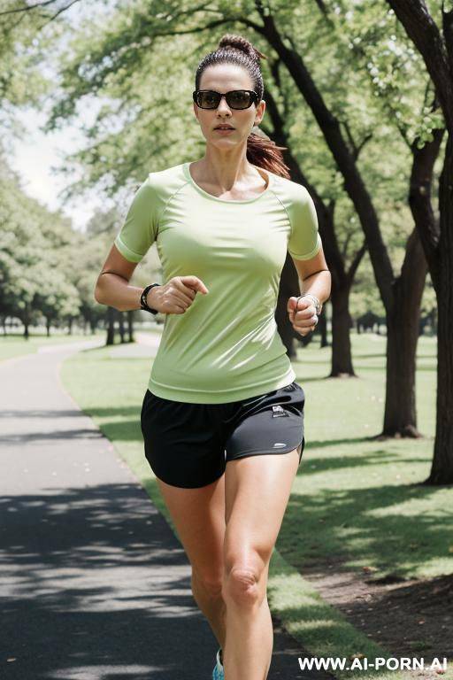 suburban mom, jogging in the park, tight running shorts - #main