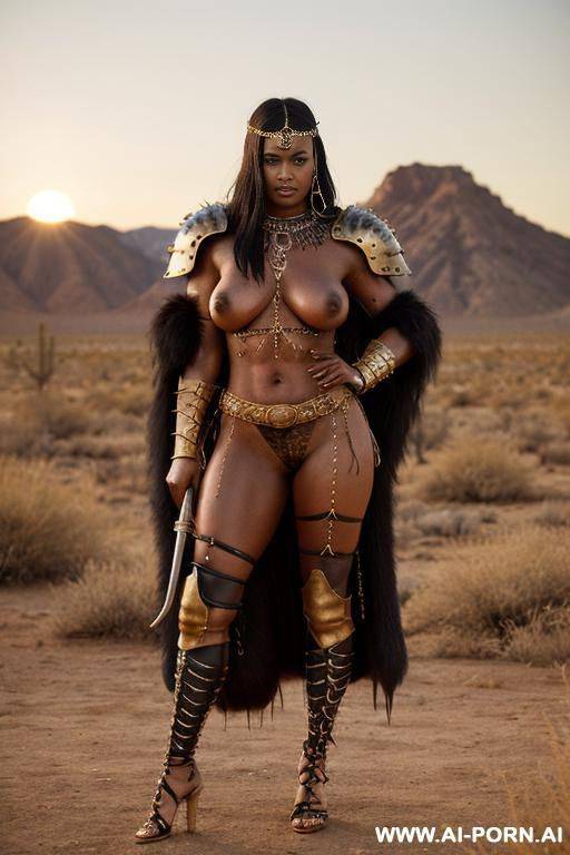 dark black woman. barbarian queen, armor, pierced navel, rings, long nipples, large nipples, wet, oiled, piercings, nose stud, mature, bracer, veiny boobs, large areolas, (((oversized boobs))), anklet, - #main