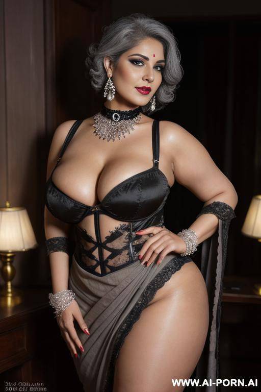 granny sexbot, front view, close-up, standing upright, hands on hips, looking at viewer, seductive smile, beautiful, big lips, wide jaw, heavy makeup, hoop earrings, pink nails, tan, big firm - #main