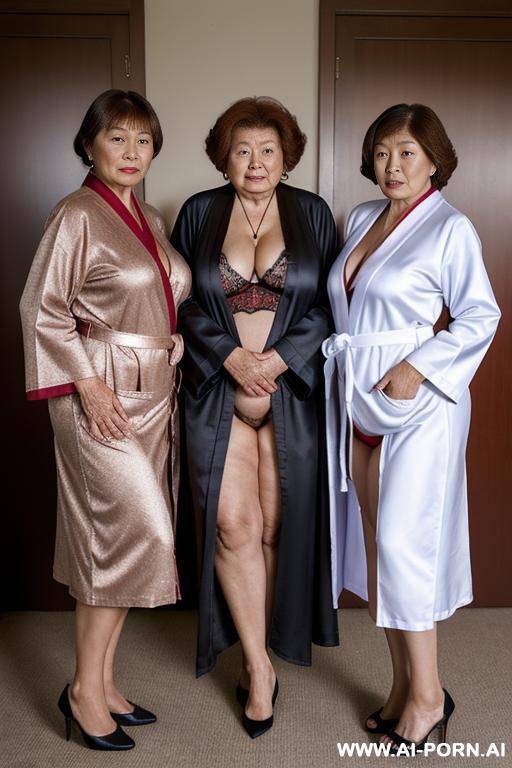three elderly, chubby kyrgyz women stand on their heels in unbuttoned robes with their legs wide apart and show their panties and stockings - #main