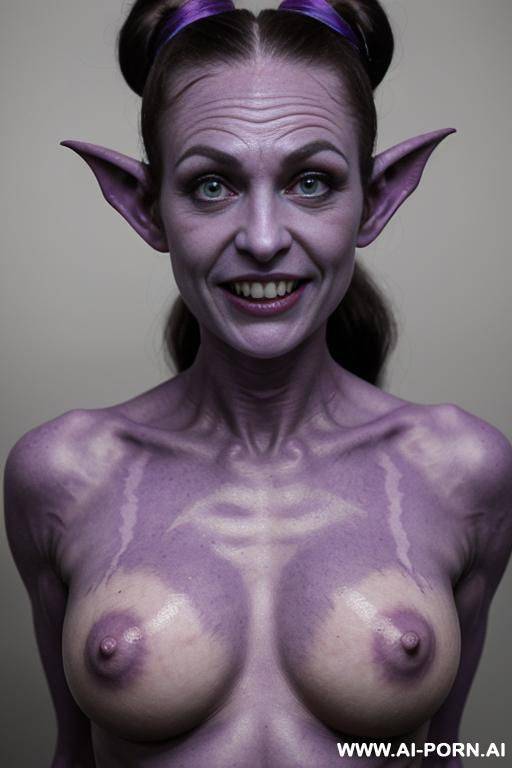 purple skinned demon (goblin), pointed ears (goblin ears), big fangs (pointed teeth), goth, massive nipples (swollen nipples), skin (purple, veins, bony), bloated belly, round face, - #main