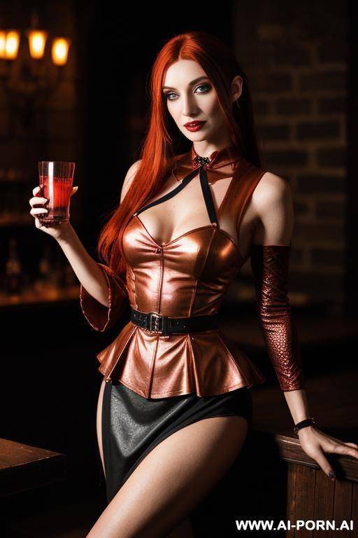 red goth lady vampire, vampire fangs, wide mouth, neon medieval cyberpunk tavern, (hypnotic glow art, uv reactive), shining magic, hazel eyes, sleeveless, ashen natural skin without makeup, high - #main