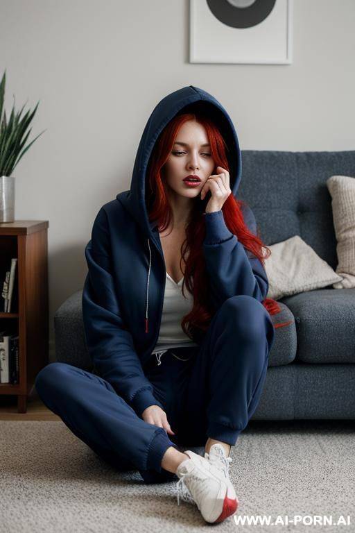 woman face, full body, sitting on the floor, long red hair, wearing dark blue bomber pants and dark blue hooded sweatshirt, living room, she is crying - #main