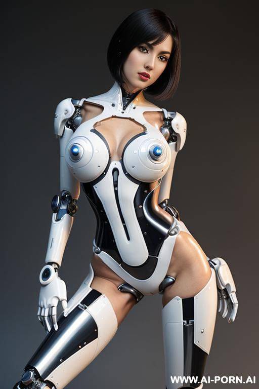 beautiful realistic (( taur- schemale fully robotic meccanic body standing four legs)), detaleid face, skin in latex white plated color, covered to latex, to boots, to beautiful robotic hand hd image quality, ((no background)). - #main