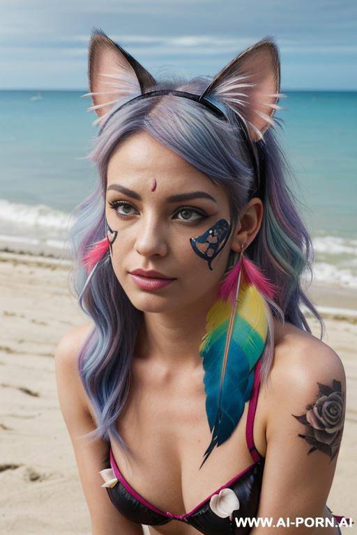 face, sexy, beautiful, ((face painting)), ((bikini as seashell)), ((tattoo roses)), ((eyes shw)), ((angel wings)), ((rainbow hair)), ((long bu hair)), ((wind)), (( cat face)), (( cat ears)), (((feather - #main