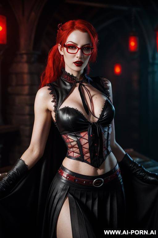 red goth lady vampire, vampire fangs, neon medieval cyberpunk tavern, (hypnotic glow art, uv reactive), shining magic, hazel eyes, ashen natural skin without makeup, high contrast shades, hard light, - #main