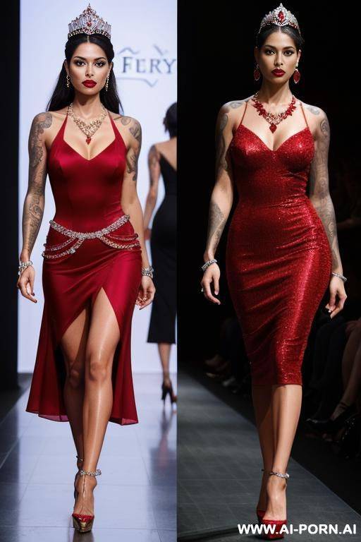 group of several models (different origin), (different age), (different face expression), (different w), (tatoo firefly), walking in fashion show, ruby necklace, ruby earrings, one diamond tiara, high heel, long shot (full body) - #main
