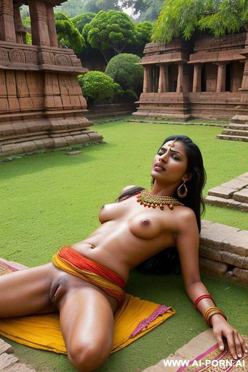 ancient indian full naked female servant is lying on her belly in a colourful ancient indian garden by rainy weather - #main