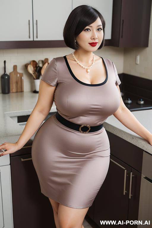 gorgeous round face, pearl necklace, pearl earrings, short sleeves, dark color dress - #main