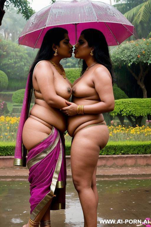 medieval indian full naked chubby lesbian female servants with shaved vaginas kissing in a colourful indian garden in rainy weather - #main