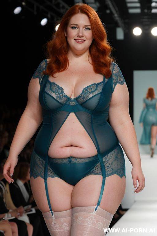 half-length photo, a fat ((very obese)) chubby fat thick and bbw redhead british, walking on a runway during a fashion fat obese show, the lighting is dramatic, with spotlights focused on she. - #main