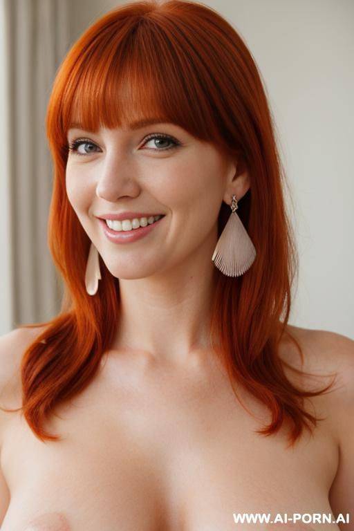 redhead, bangs, smiling, eye contact, medium breasts, naked breasts, earrings, bedroom - #main