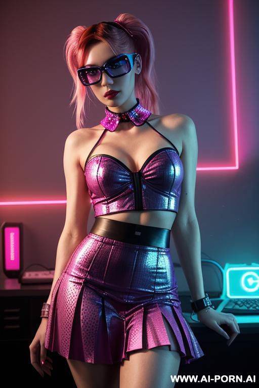 [bubblegum] lady vampire, neon, cyberpunk, (glow art, uv reactive), shining magic, ashen natural skin without makeup, high contrast shades, hard light, sleeveless patterned meshed top, detailed textures, - #main