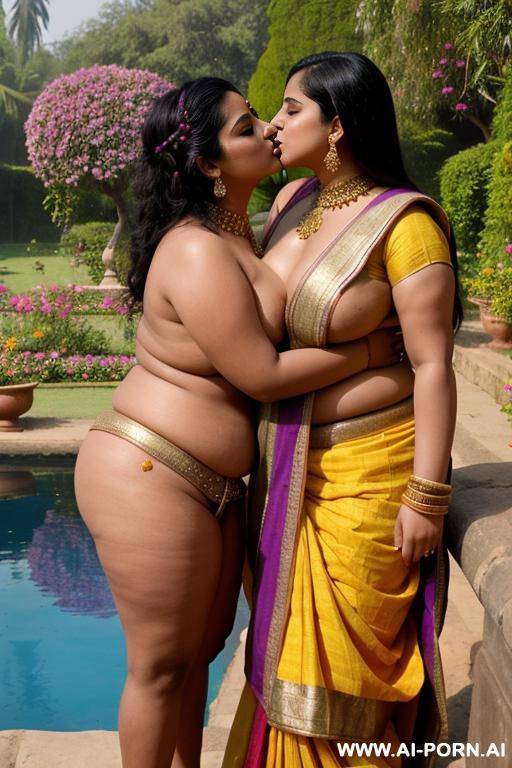 medieval indian full naked chubby lesbian female servants with shaved vaginas kissing in a colourful indian garden - #main