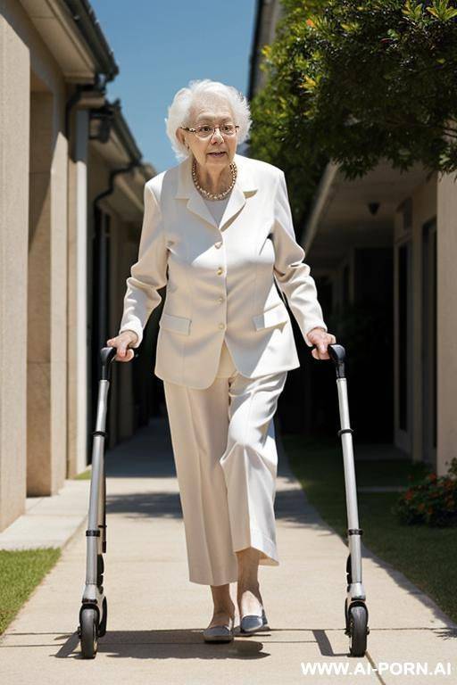 the elderly woman leans on the walker with both hands, walking slowly and cautiously, looking ahead. - #main