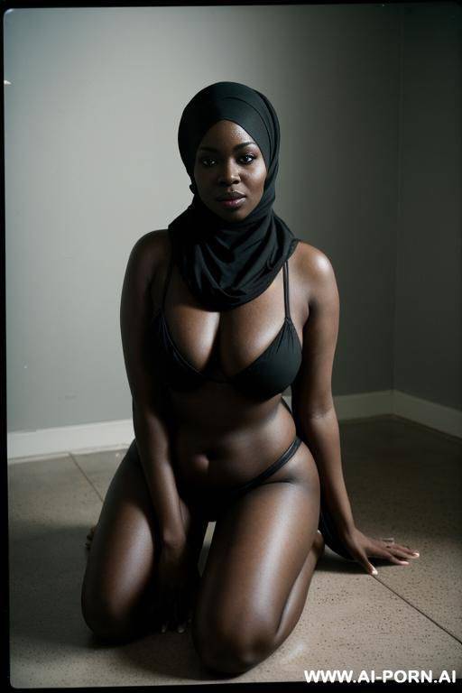 curvy black bimbo, dark skin, large gigantic massive oversized breasts, black hijjab that covers her body, happy horny seductive expression, sleepy eyes, kneeling on the floor, bending over - #main